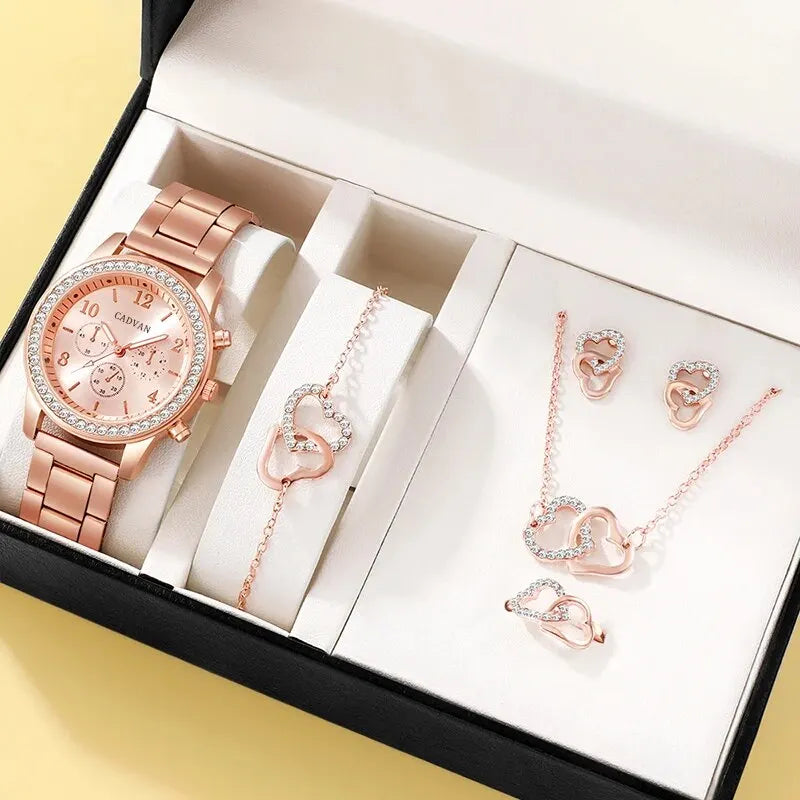 RoséLuxe 6er Set Roségold Schmuckuhr- Strass 38mm Edelstahl