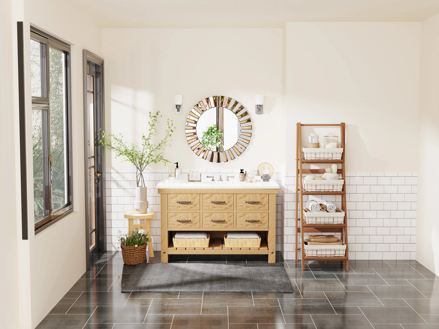 Wisfor Sunburst Wandspiegel Rund 60cm - Dekorativer Spiegel mit Facettenschliff