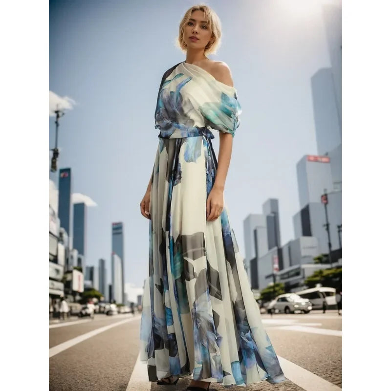 Elegant Women Bohemian Dress Y2K Chic Clothes Sexy Fashion One Shoulder Short Sleeve High Waist Pleated Vacation Long Dress