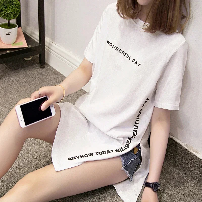 Women T-shirts Anime Y2k T Shirts Gothic tops 2023 Summer Loose Slit Femme Cotton T shirt Print Long Short Sleeve Ladies T-shirt