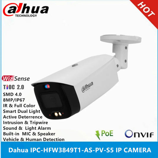 Dahua IPC-HFW3849T1-AS-PV-S5 8MP POE IP67 Built-in Mic & Spk IR30M & Full Color 30M Active Deterrence SMD 4.0 WizSense IP Camera