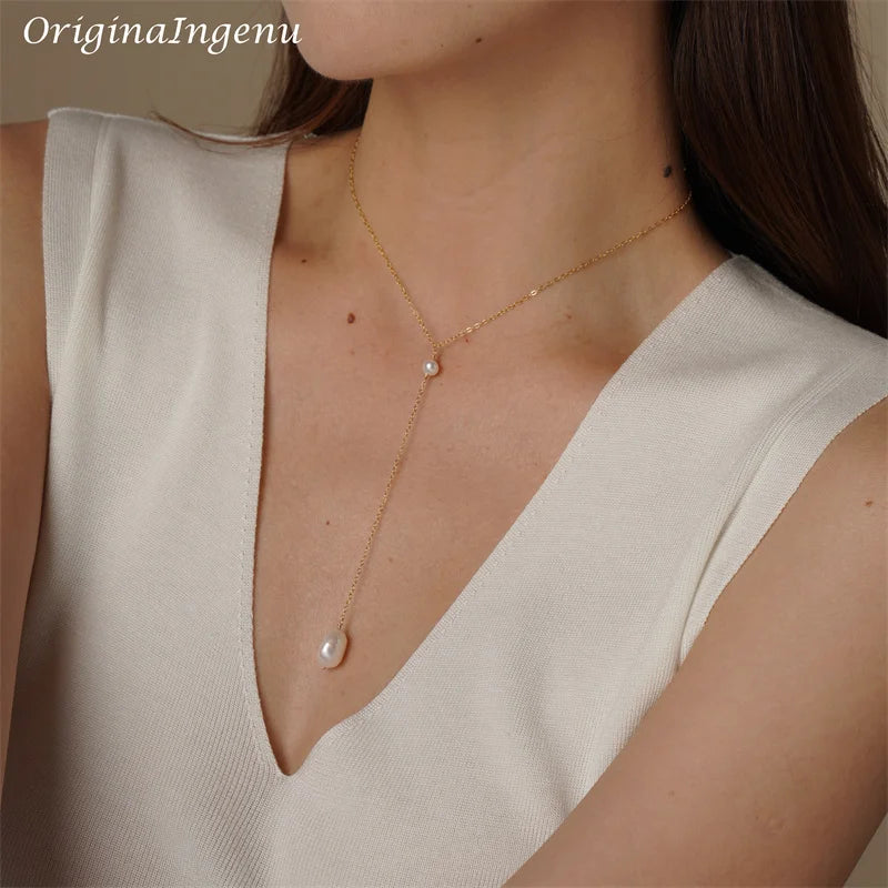 Baroque Pearl Pendant Silver Y Necklace Handmade 14K Gold Filled Choker Boho Collier Femme Kolye Collares Women Jewelry Necklace