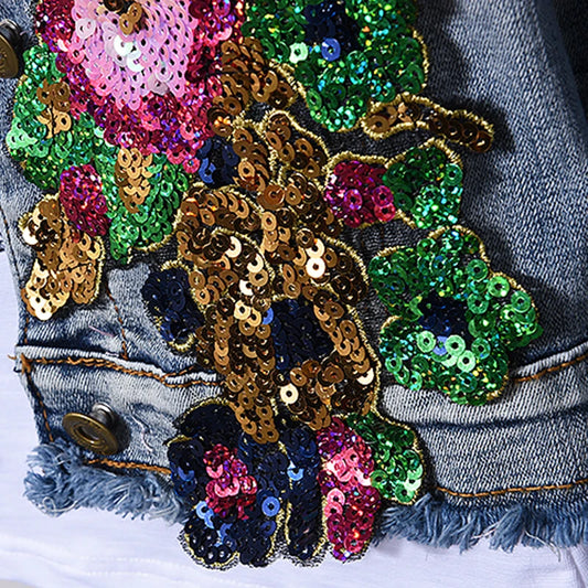 European Style Denim Jacket Fashion Outfit Women New Flower Sequined jeans Vest coat