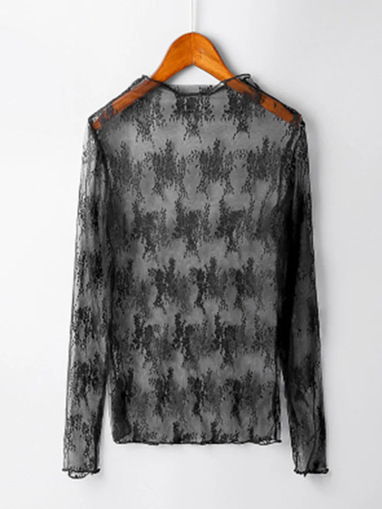 Summer Women Lace Floral Embroidery Blouses Shirt Ladies tops elegant mesh Blouses Transparent Elegant See-through Black Shirt