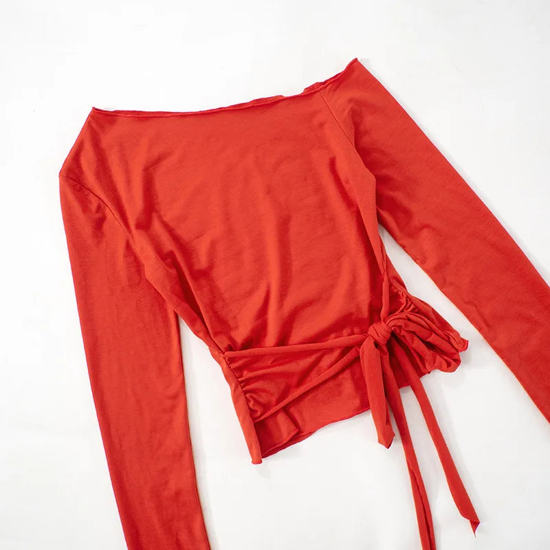 One Shoulder T Shirts For Women Aesthetic Clothes Sashes Crop Top Y2k Accessories Long Sleeve Lady Tshirt Ropa Mujer Camisetas