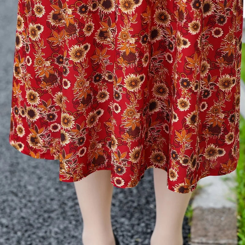 Elegant Women Dress Elegant Casual V-Neck Print Vintage Ladies Mid-Calf High Waist Summer Bohemian Dresses