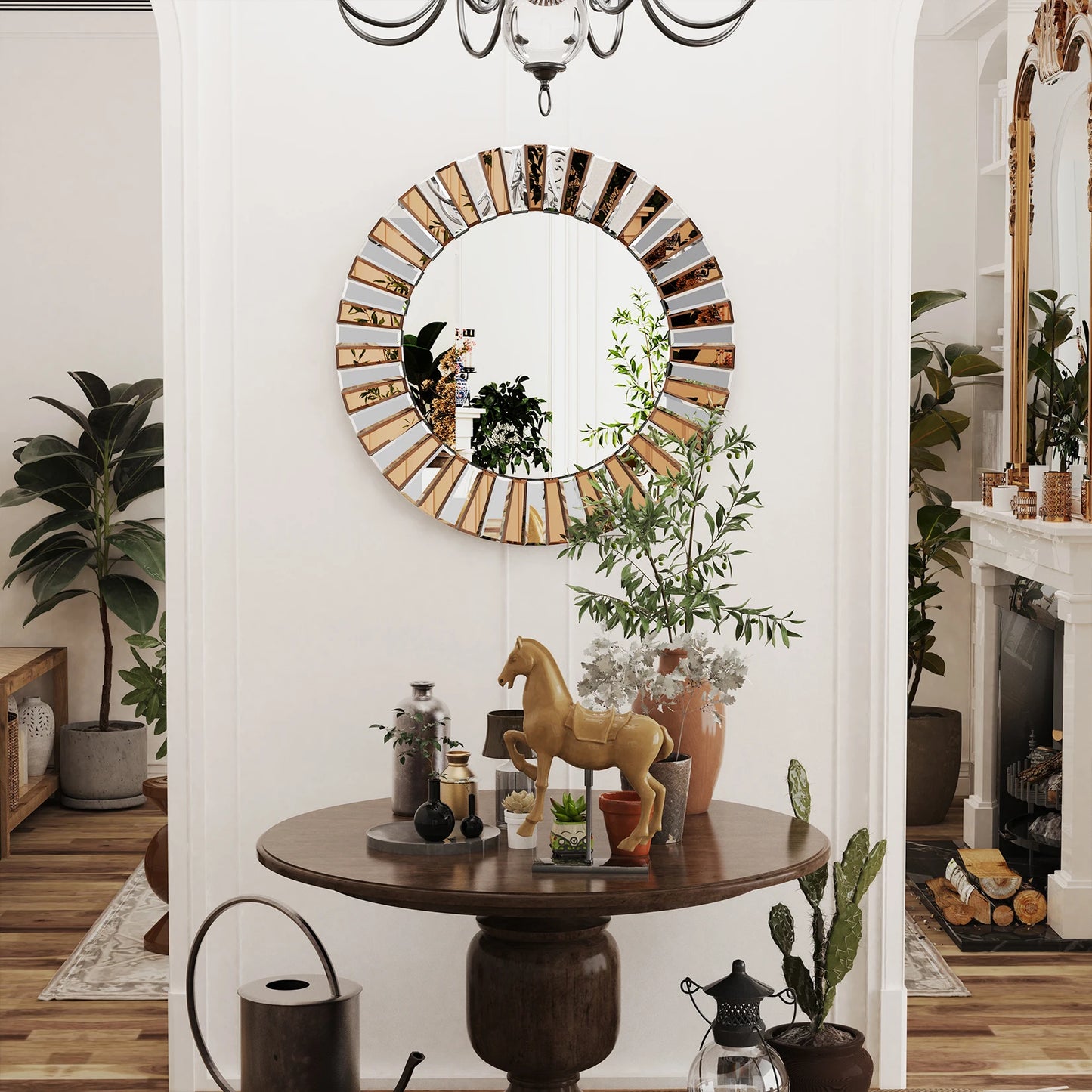 Wisfor Sunburst Wandspiegel Rund 60cm - Dekorativer Spiegel mit Facettenschliff