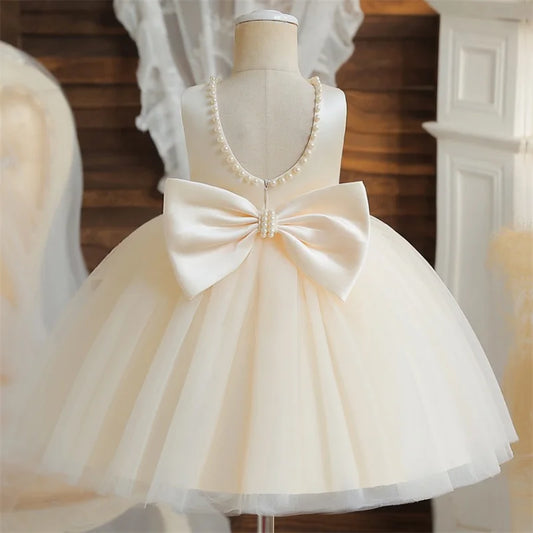 Baby Mädchen Kleid Große Schleife Perlen Rückenfrei 1. Geburtstag Party Kleid Säugling Mädchen Prinzessin Hochzeit Tüll Kleid Taufe Kleid 1-5J