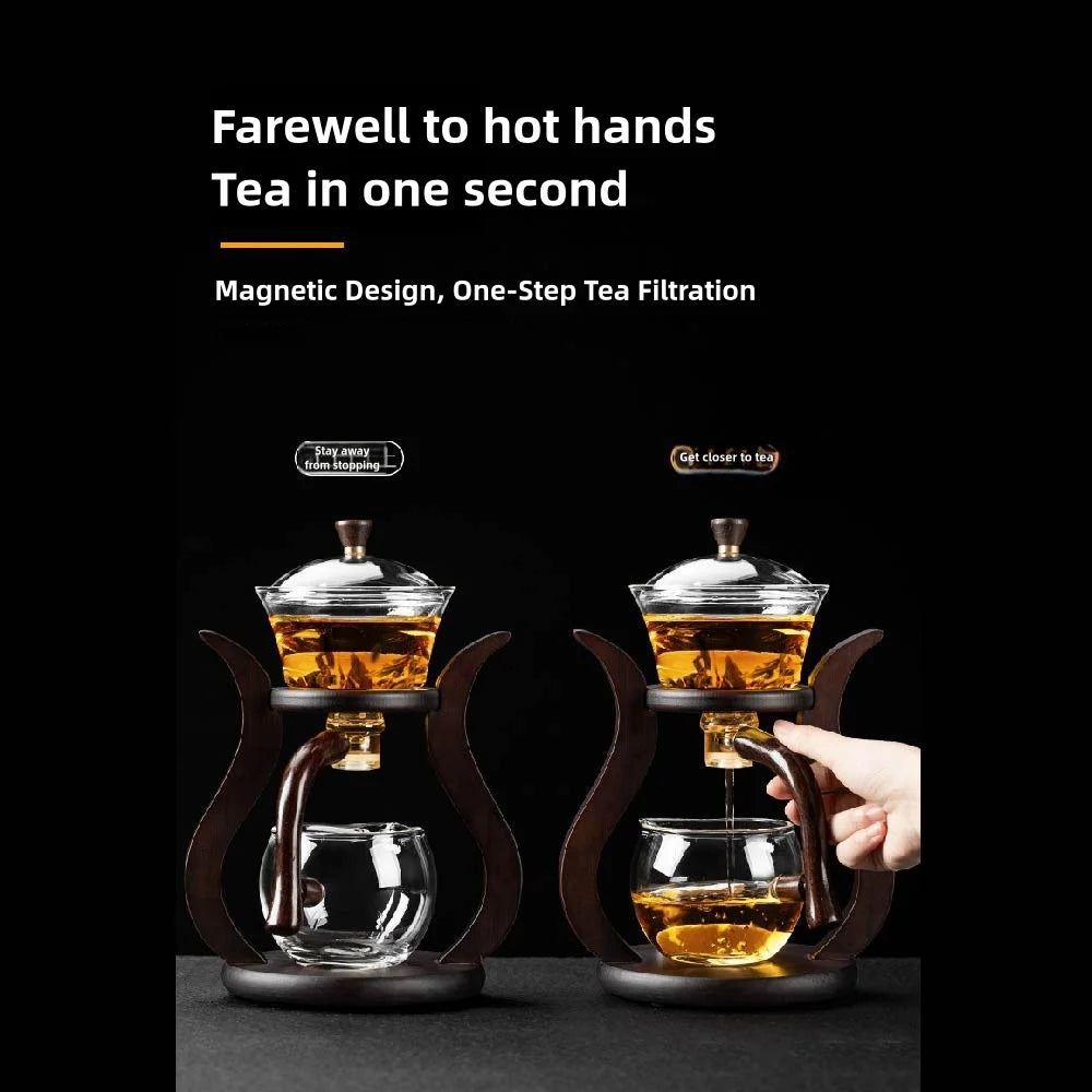 Tea Pot Glass Kettle Automatic Teapot with Strainer Magnetic Infuser Wood Holder Heat Resistant Coffee Pot Bowl Cups Set Jug 주전자