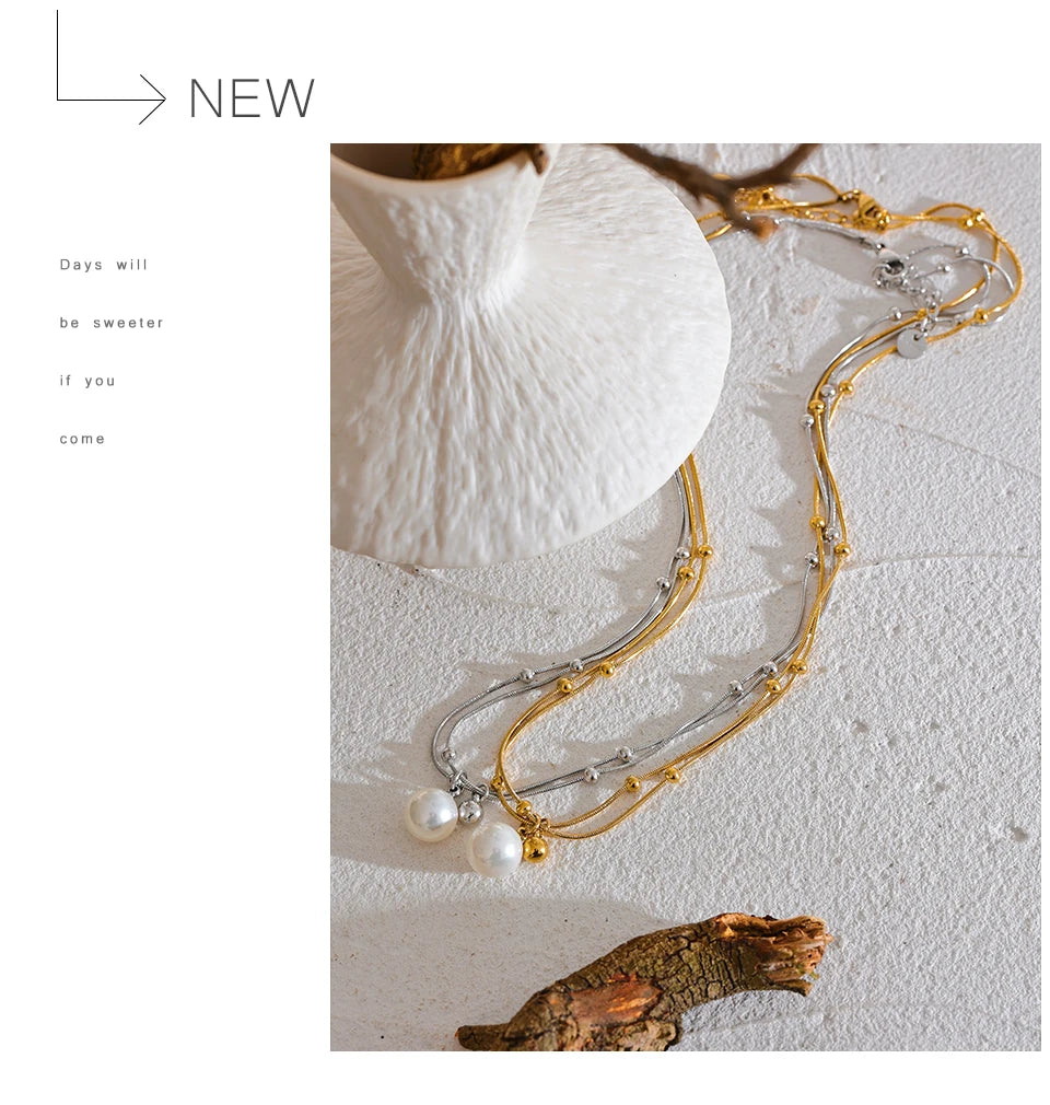 Yhpup Elegant imitație de perle din oțel inoxidabil rotund mărgele lanț colier pandantiv pentru femei culoare auriu-argint bijuterii coreene