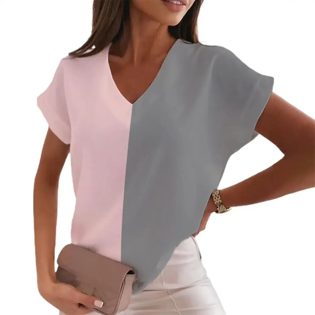 European And American Women's T-shirt Fashion Printed V-neck Short Sleeved Loose Lady Blouse Top Casual elegant Pullover Tunic Top - Golden Bridge Store