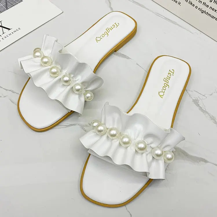 Women Slides Faux Pearl Decor Ruffle Trim Sandals Open Toe Wear-resistant Flat Slippers Summer Sandy Beach Sandals Women Shoes