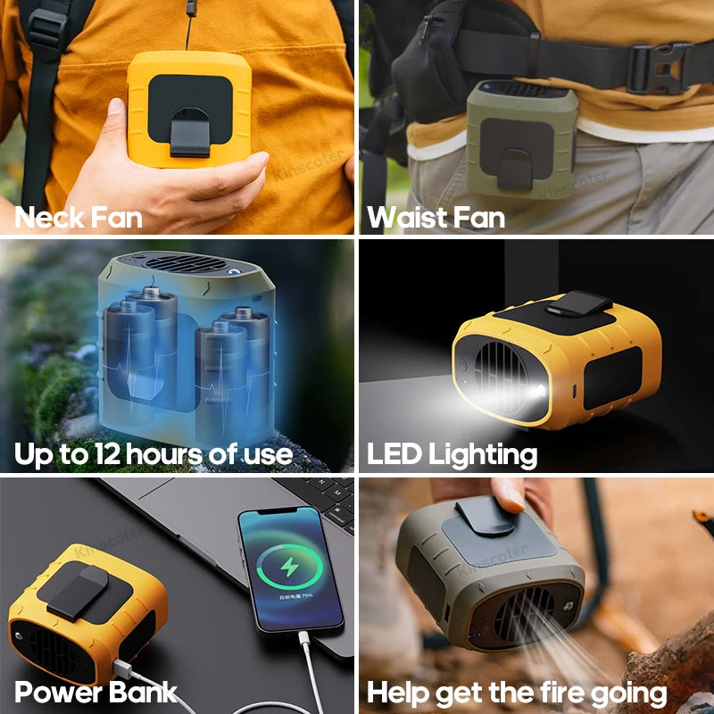 KINSCOTER Tragbarer Outdoor Hüft-Ventilator - 8000mAh LED Beleuchtung Multifunktional Nacken-Ventilator Power Bank