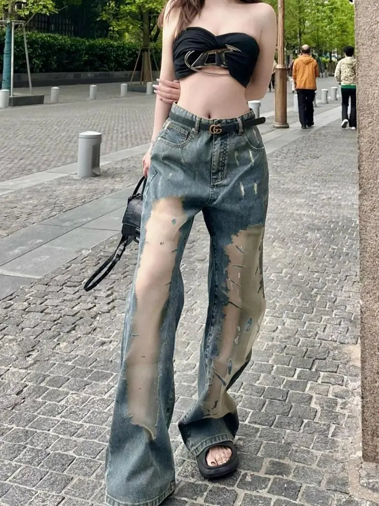 Jeans Women Fashion Lace Patchwork Embroidery Vintage Loose Women Jeans Pants