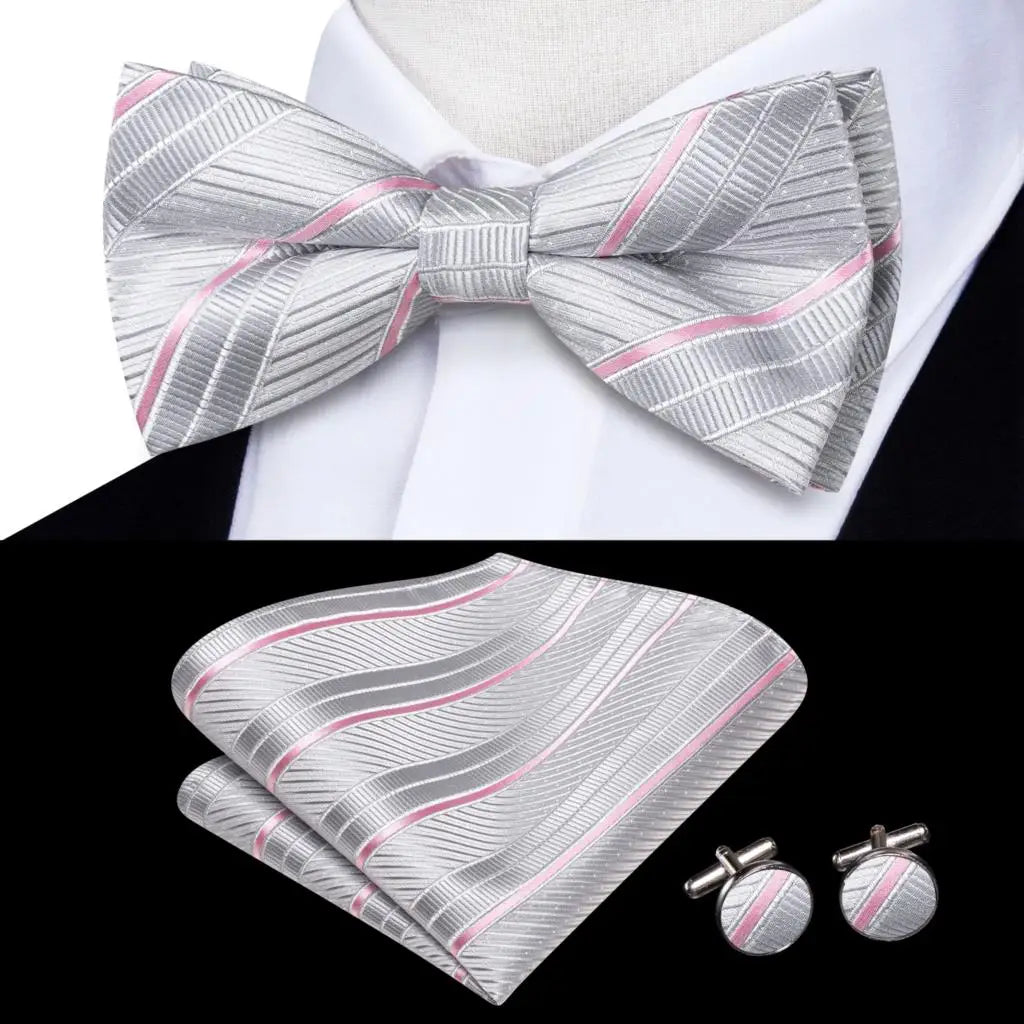 Hi-Tie Silk Mens Bow Tie Pocket Square Cufflinks Set Peach Pink Salmon Pre-tied Butterfly Knot Bowtie for Male Wedding Business