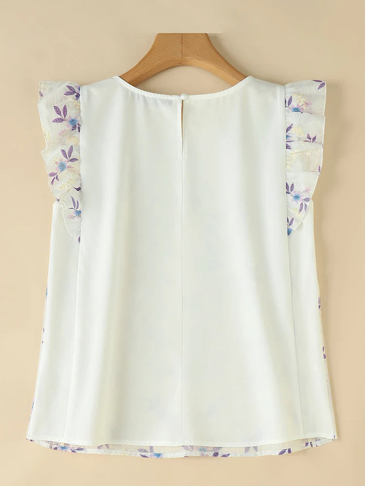 ZANZEA Fashion Spliced Ruffles Floral Blouses Women 2024 Summer Casual O Neck Embroidery Blusas Streetwear Sleeveless Tunic Tops