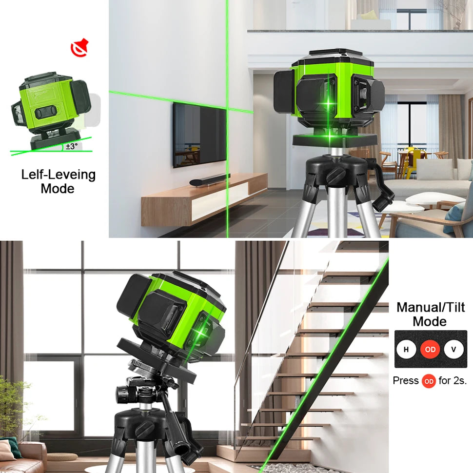 CLUBIONA 16/12 lines Self-leveling Remote Control Outdoor Mode - Receiver Auto 3x360 Green beam Line Laser Level