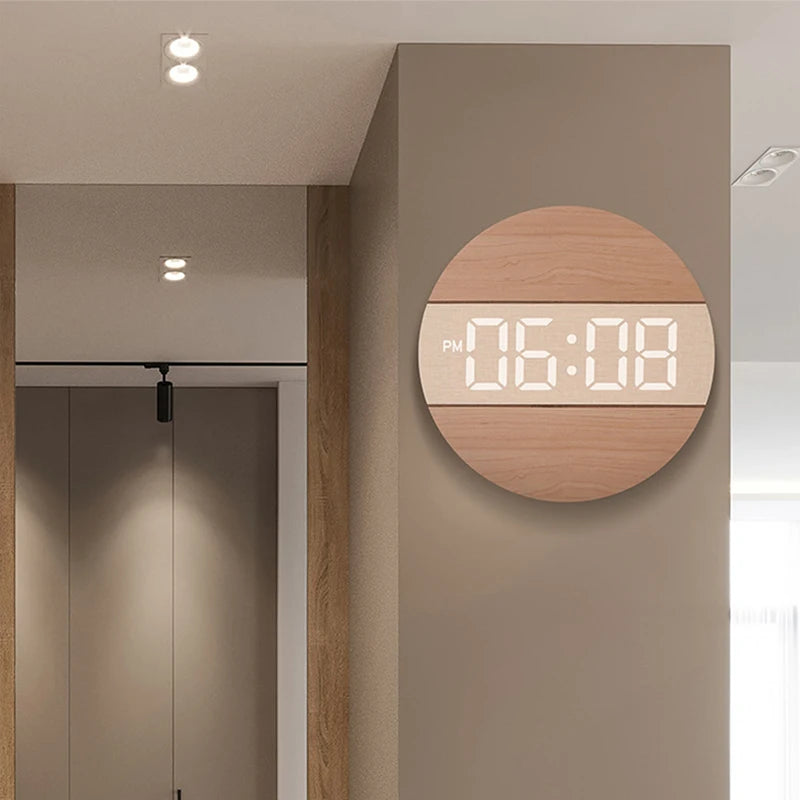 LED Digital Wall Clock Wooden Large Round Screen Automatic Brightness Adjustment 12/24H Hanging Clock Home Living Room Decor