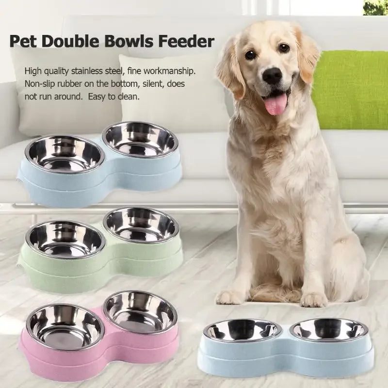 Dual pet bowl dog food water dispenser dual-purpose stainless steel pet water dispenser type cat and puppy feeding supplies