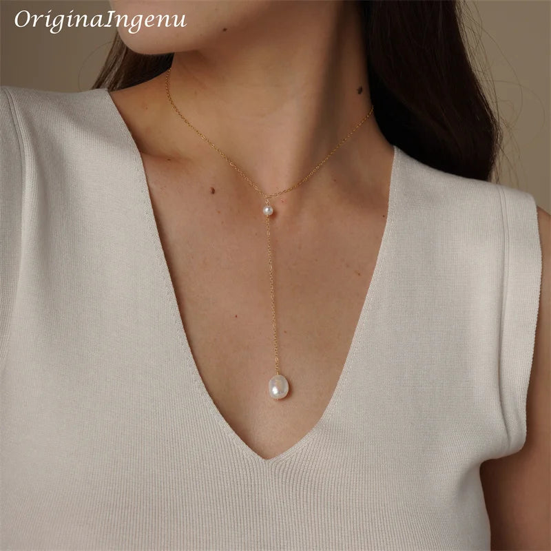 Baroque Pearl Pendant Silver Y Necklace Handmade 14K Gold Filled Choker Boho Collier Femme Kolye Collares Women Jewelry Necklace