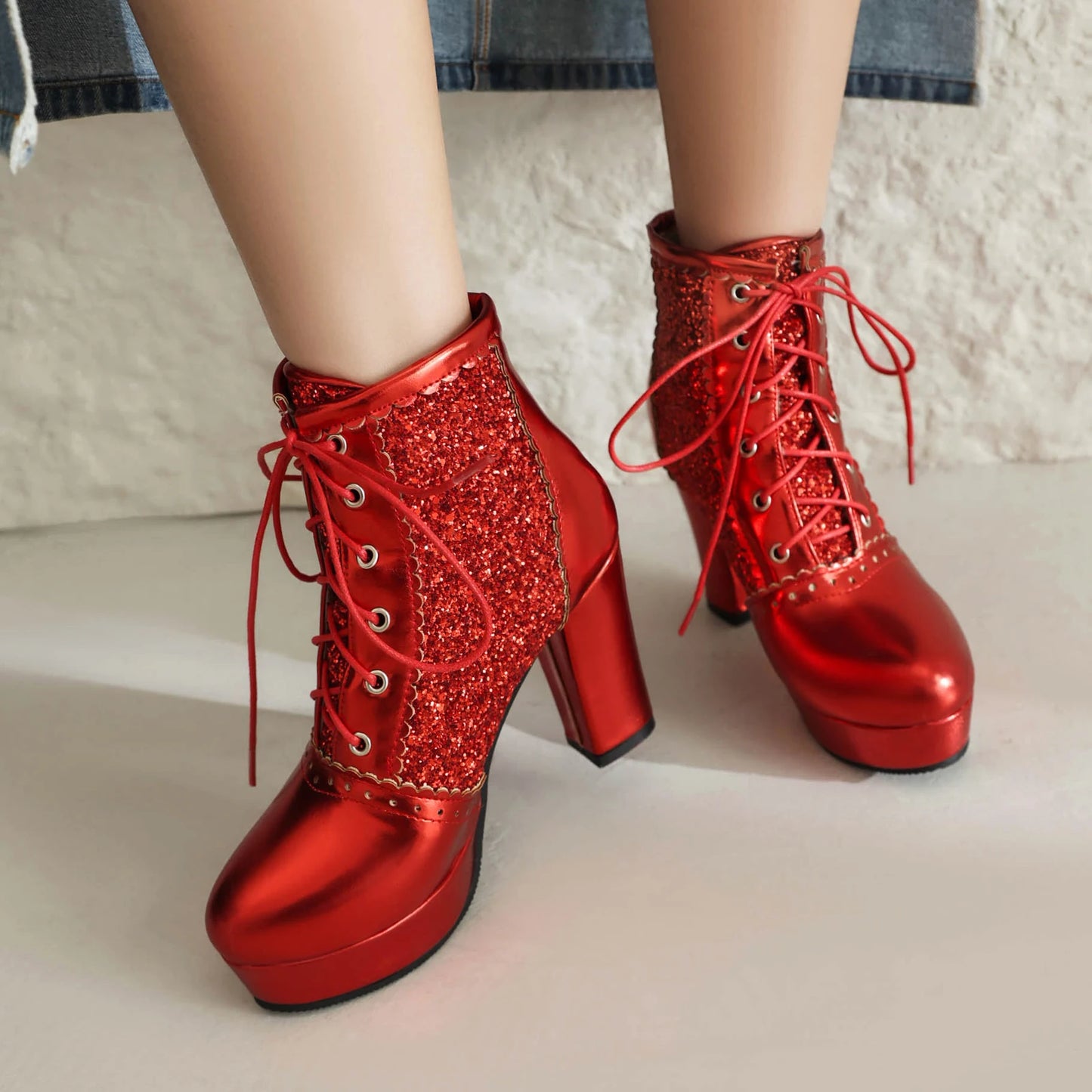 Women Ankle Boots Gold Silver Red Platform Shoes Elegant Studded Sequin Lace Up Autumn Winter Comfy Stable Chunky High Heels