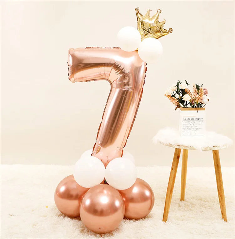 Chrome Rose Gold 32inch Number Foil Column Balloons Happy Birthday Party Decorations Kids Boy Girl 1 2 3 4 5 6 7 8 9 Year Old