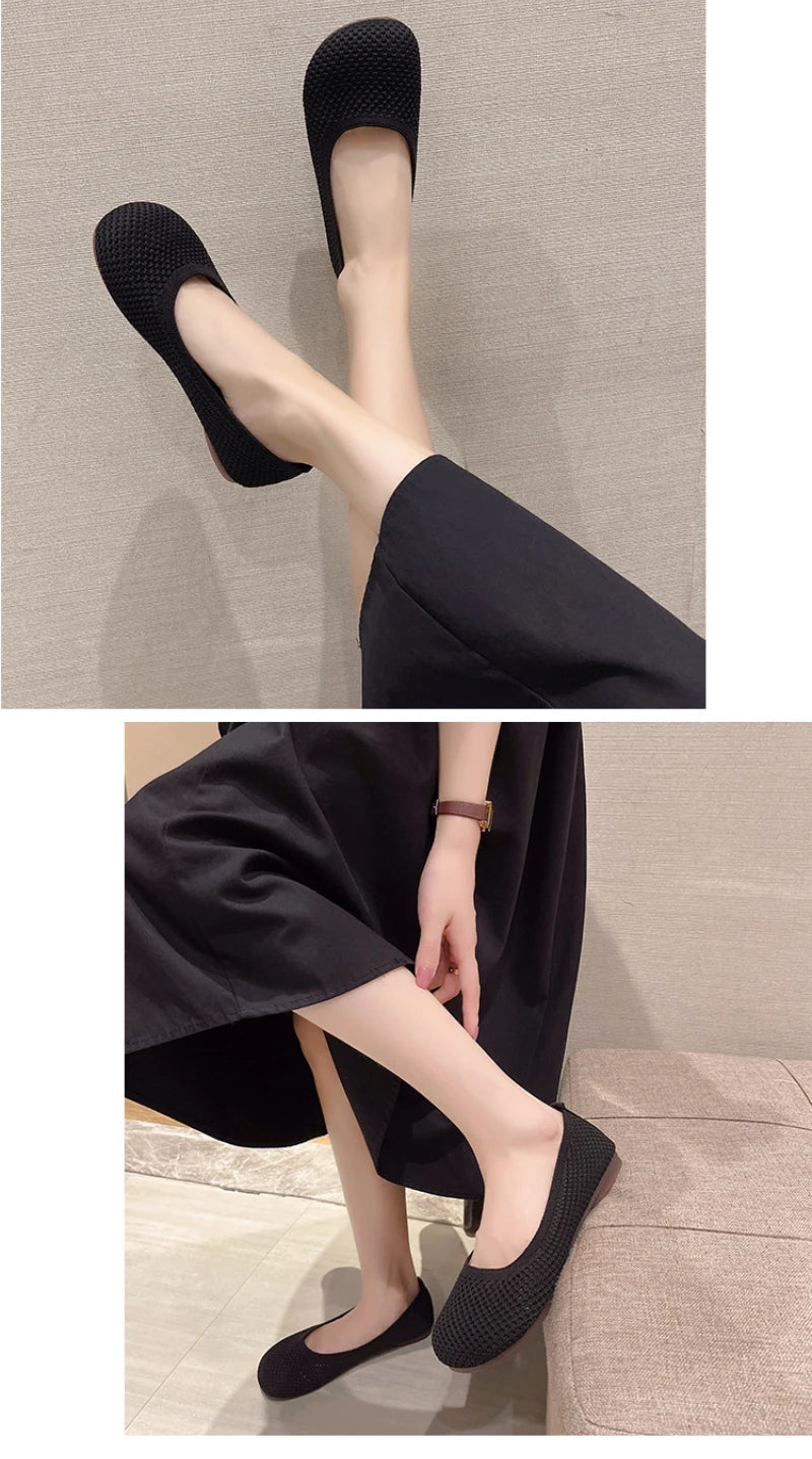 Big Size 42 Women Flats Knitted Breathable Sneakers Ladies Soft Bottom Ballet Loafers Casual Slip on Boat Shoe for Woman
