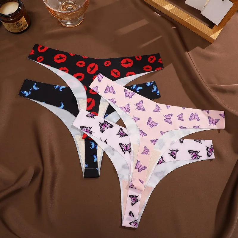 All Of Me Damen-Unterwäsche 2025 - 3er-Set Ice Silk nahtlose Strings Leopard & Schmetterling Print