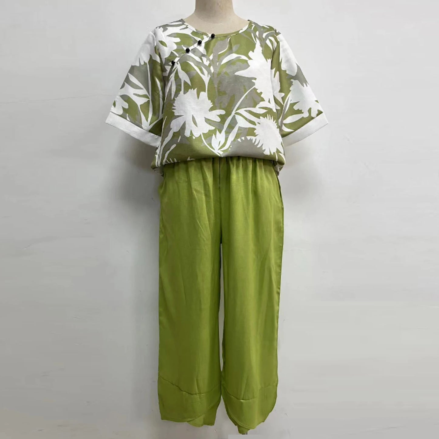 Elegant  Women Outfit Breathable Flower Pattern Blouse Trousers Half Sleeves Soft Blouse Pants Spring Clothes