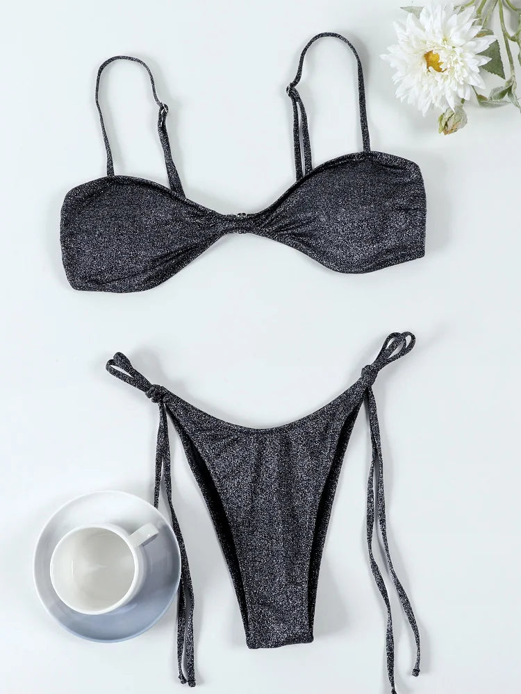 Miyouj Glänzender Bikini-Set - Dreieck-Bikini mit Bandage-Schwimmanzug für Frauen