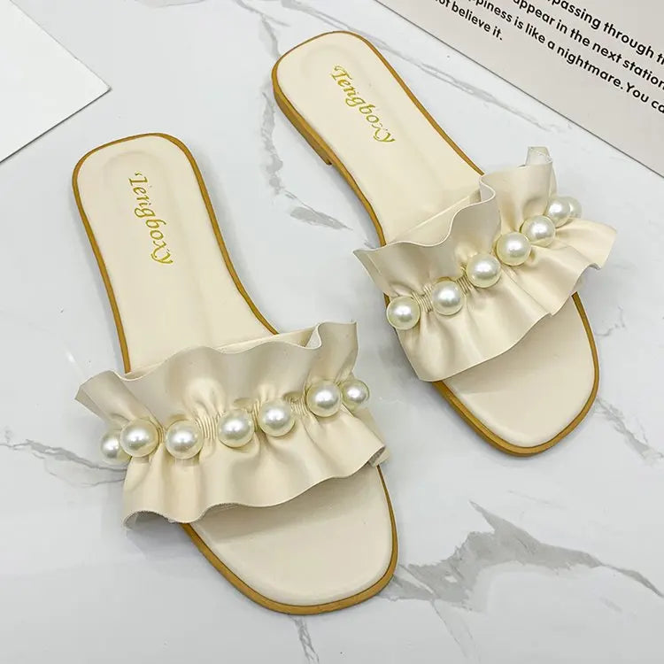 Women Slides Faux Pearl Decor Ruffle Trim Sandals Open Toe Wear-resistant Flat Slippers Summer Sandy Beach Sandals Women Shoes