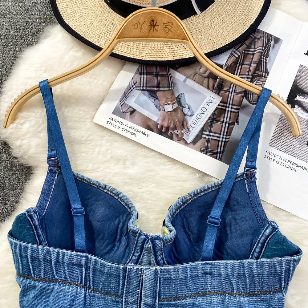 Women Summer Denim Camisole Corset Top Build In Bra Crystal Diamonds Pearl Luxury Jeans Tops High Street Club Party Nightwears