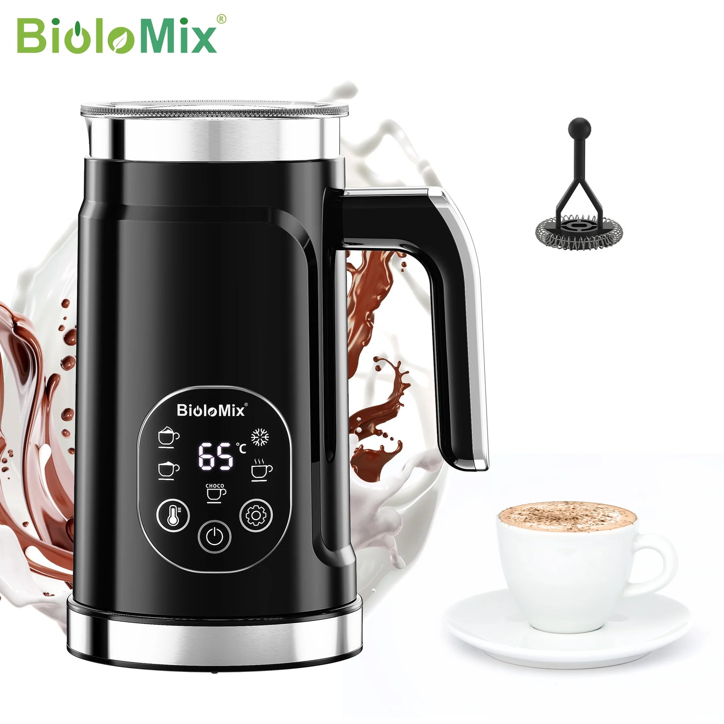 BioloMix 5-in-1 Milk Frother with Upgraded LED Display Touch Screen - Hot And Cold Foam Maker Milk Warmer for Coffee Latte
