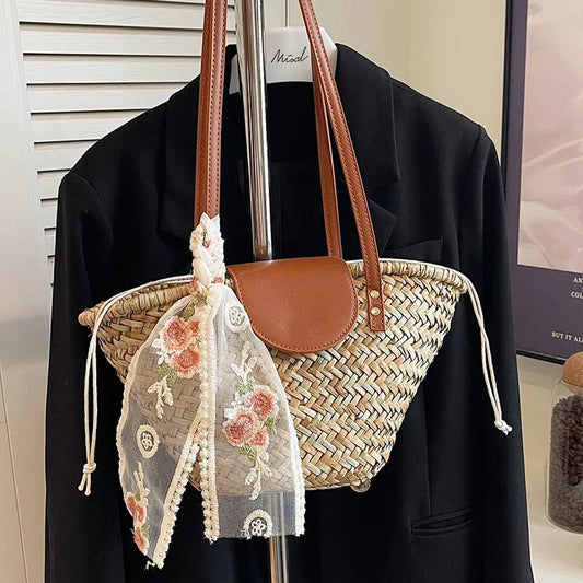 Women Straw Woven Tote Bag Summer Beach Bags Large Capacity Tote Clutch Bags with Ribbon Chic Hobo Bag for Party Vacation - Golden Bridge Store