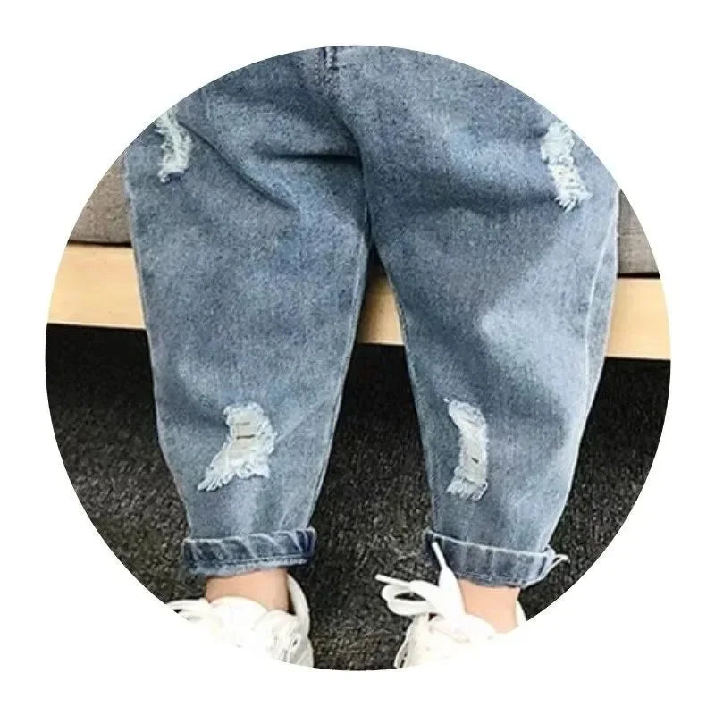 Children Jeans Spring Autumn Boys Girls Denim Ripped Jeans Korean Fashion Kids Trousers Toddler Casual Loose Pants