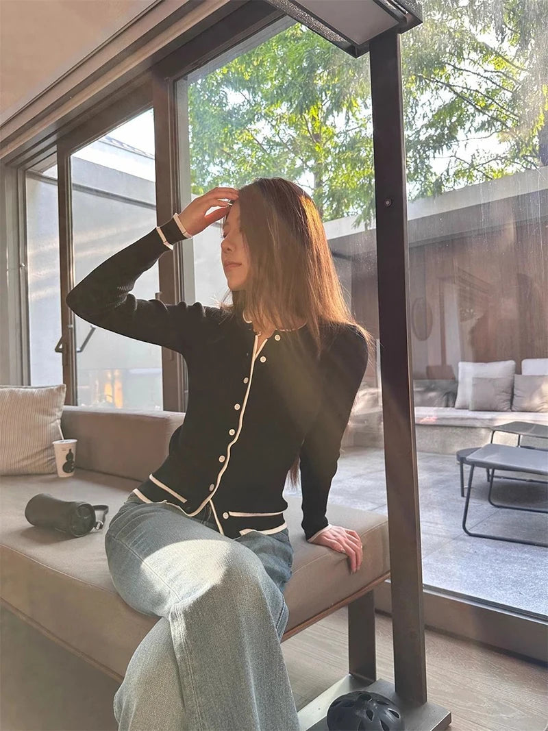 Cardigan tricotat cu model patchwork ZOKICN - mânecă lungă subțire, alb, mărimea M, greutate 120-220 g/m²