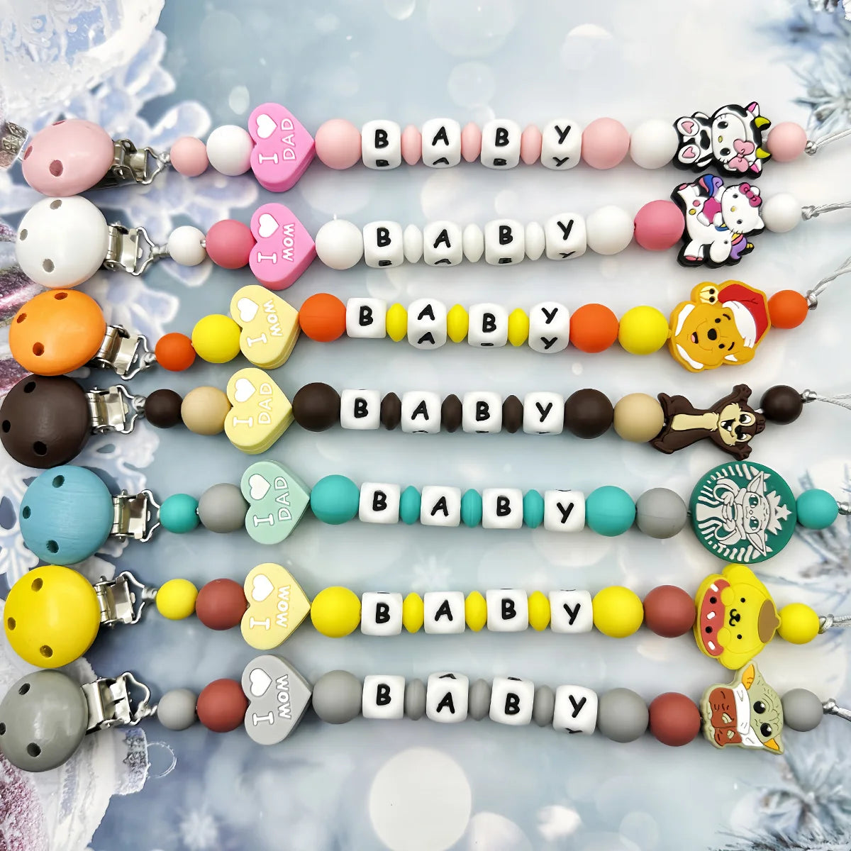 Lanț personalizat pentru suzetă cu nume - cleme din silicon cu litere englezești pentru bebeluși - suport pentru lanț, pandantiv pentru inel de dentiție, cadouri pentru bebeluși