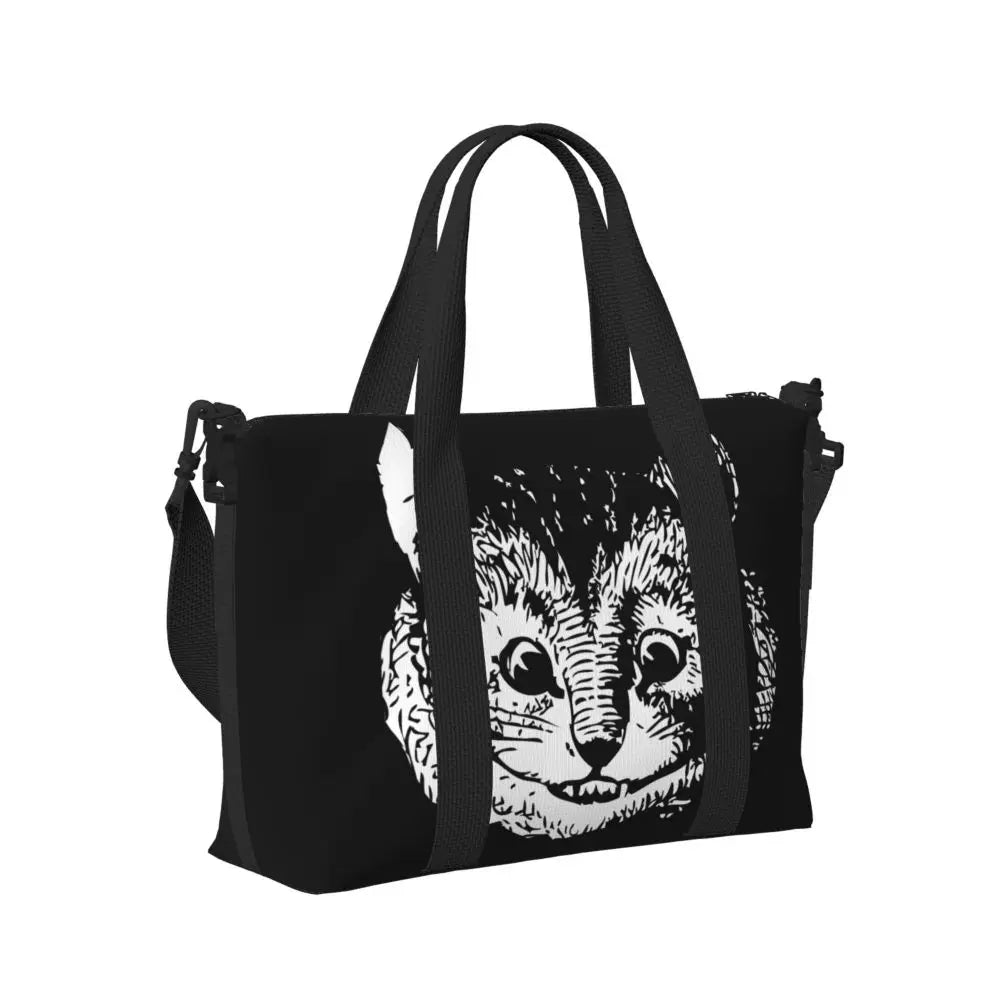 Geantă de plajă personalizată cu pisica Cheshire pentru femei, cu compartiment mare pentru sală și plajă, We're All Mad Here Cat