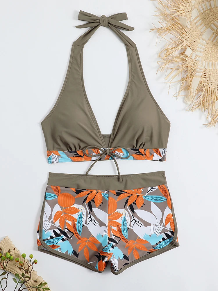 Halter Bikini Set Kurzer Schwimmanzug Frauen High Waist Bedruckte Bademode
