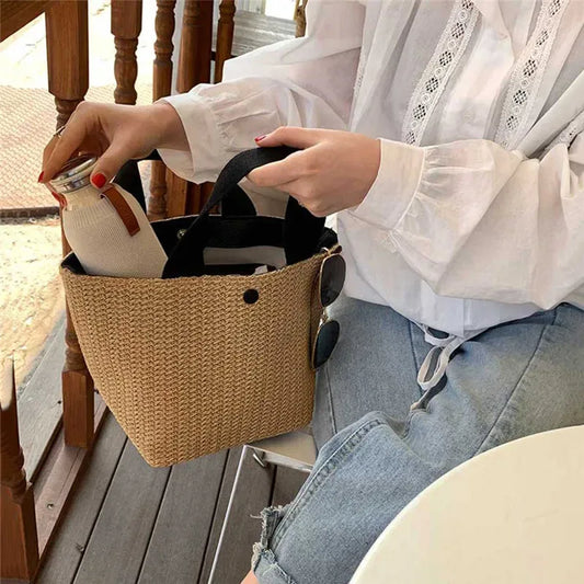Beach Straw Shoulder Messenger Bag Women Bohemian Summer Woven Rattan Bucket Shoulder Handbag Handmade Crossbody Bags For Women - Golden Bridge Store