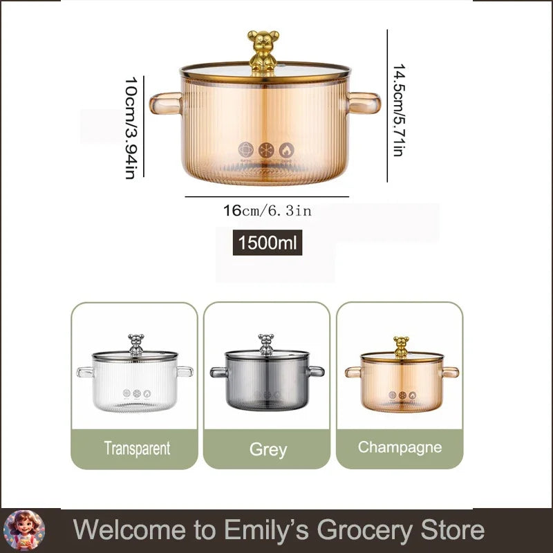HighBorosilicateGlass Thickened PotHouseholdConvenient Bear Soup Pot with Lid Double Ear Soup Glass Pot Instant Noodles Milk Pot