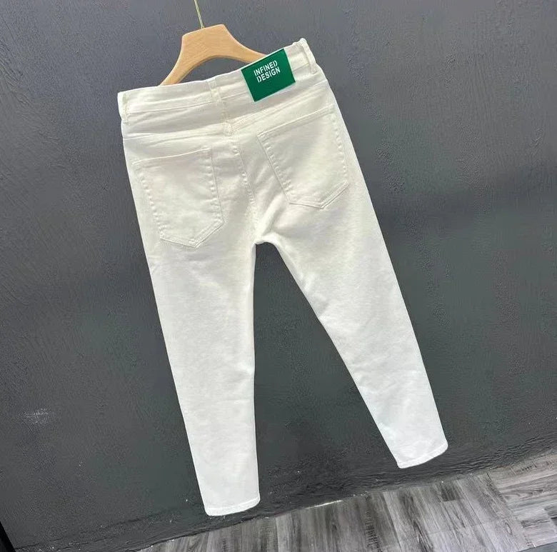 Jeans for Men White High Quality Trousers Slim Fit Tight Pipe Male Cowboy Pants Solid Skinny Stacked 2024 Korean Autumn Buggy Xs