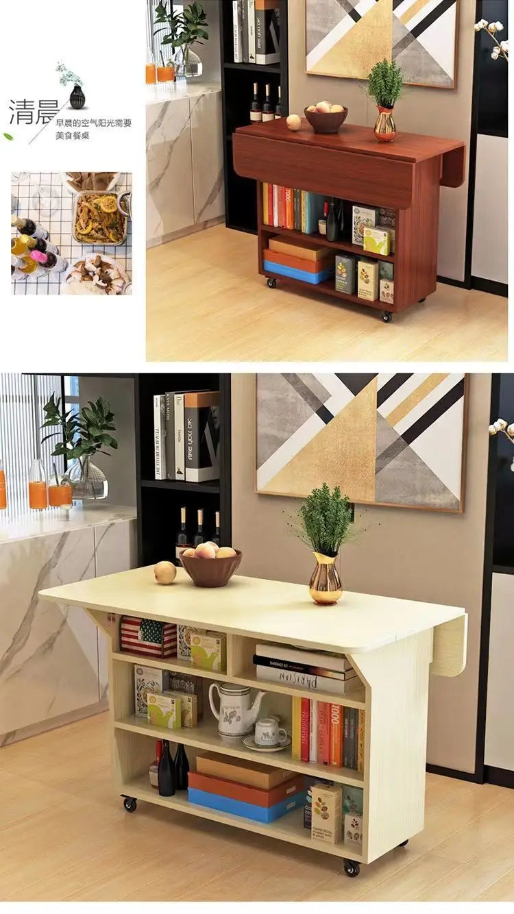 Modern Klappbar Esstisch Mit Aufbewahrung Regale Beweglich Küche Insel Schrank Massivholz Spanplatte Für Kleine Räume