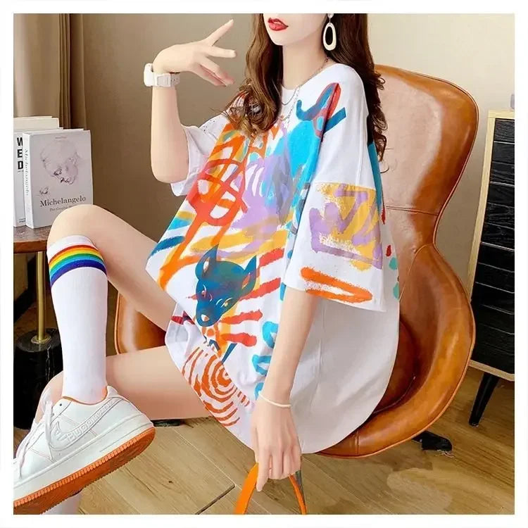 Sommer-T-Shirt 2025: Short-sleeved T-shirt Women's Pure Cotton Summer - New Loose Slim Round Neck Versatile Outside Printed Design Top Trendy Collection