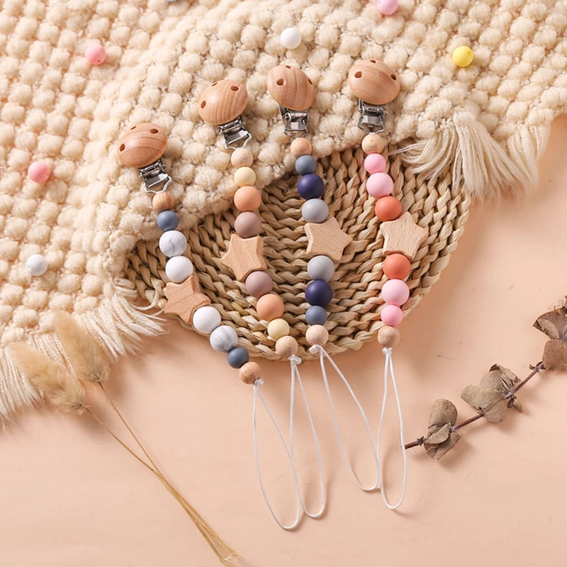 Lanț pentru suzeta bebelușilor, cu stele, personalizabile, cu mărgele, cleme din lemn pentru suzetă, fără BPA, lucrate manual, lanț pentru sugari, lanț pentru alăptarea sugarilor