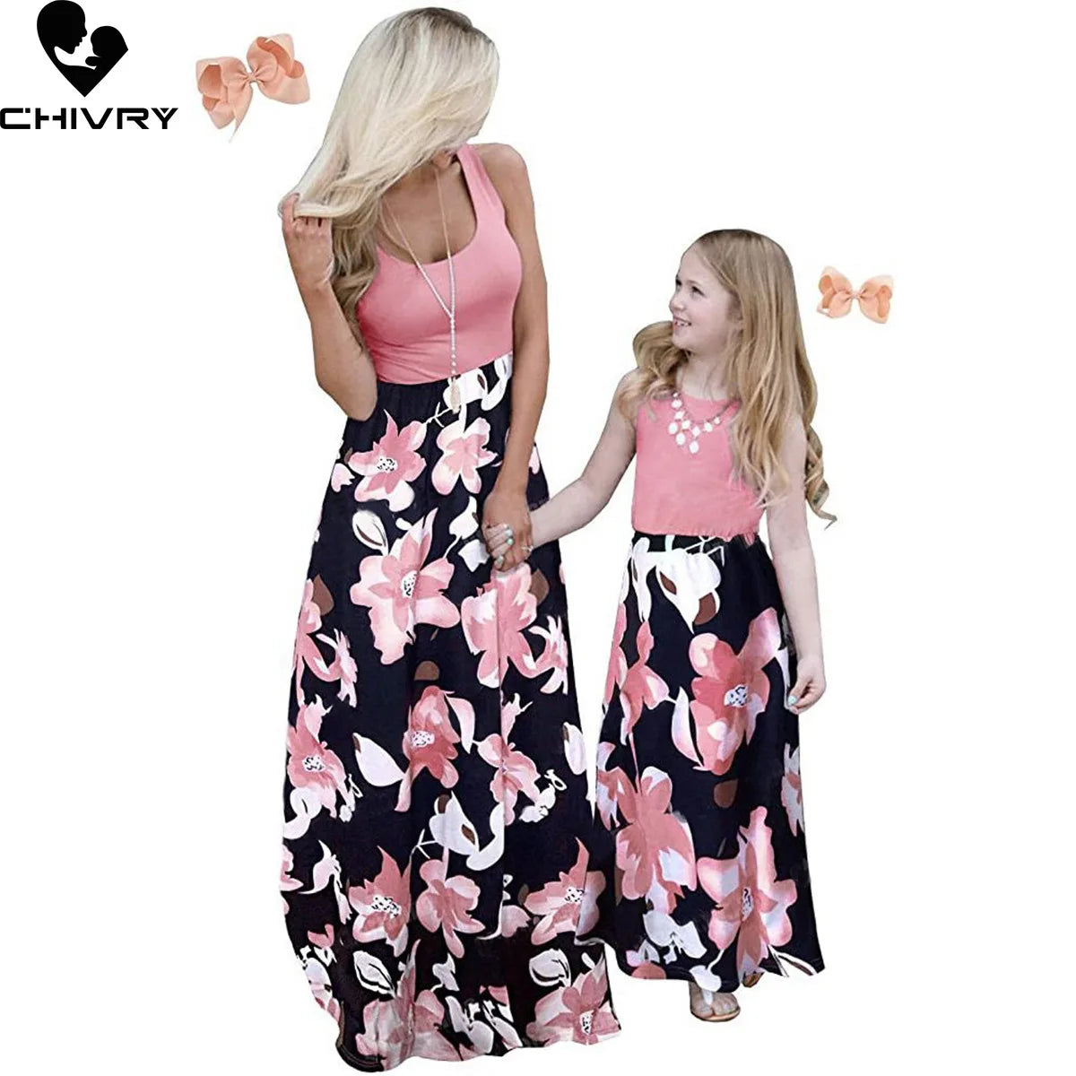 New 2022 Mother Daughter Summer Dresses Sleeveless Flower Patchwork Sundress Mom Mommy and Me Dress Family Matching Outfits
