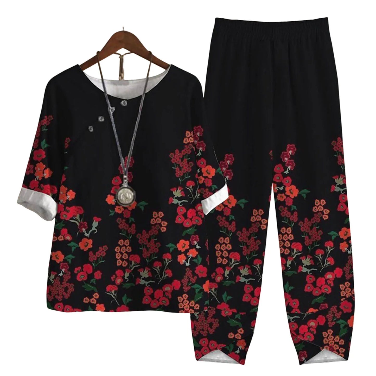 Elegant  Women Outfit Breathable Flower Pattern Blouse Trousers Half Sleeves Soft Blouse Pants Spring Clothes