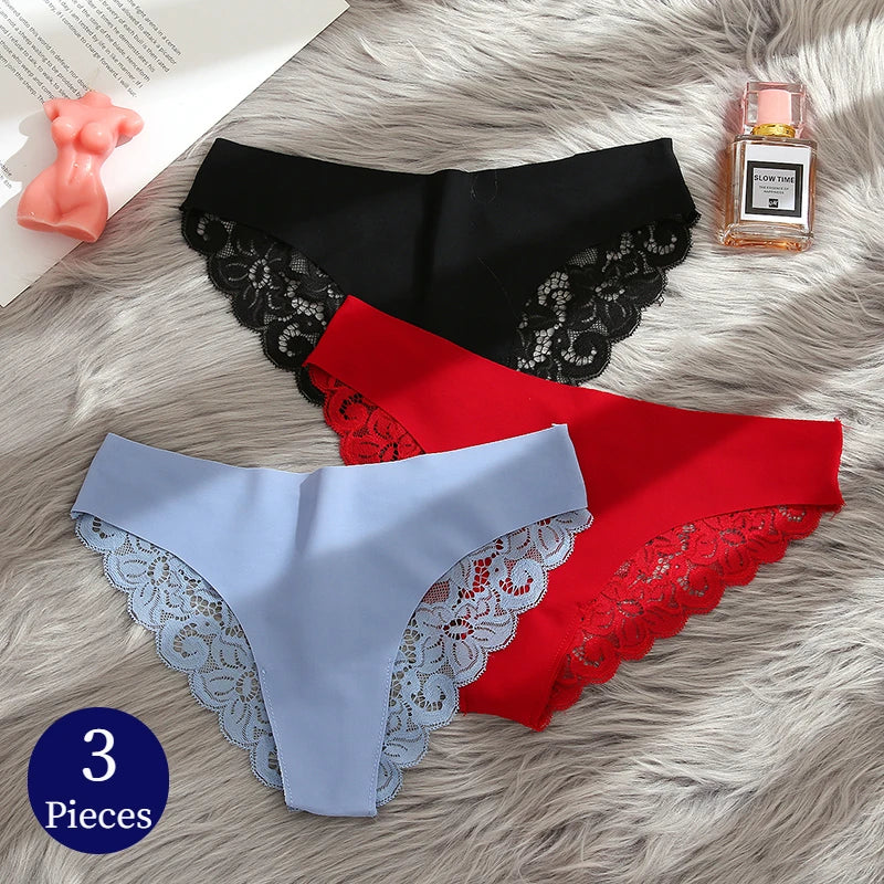 TrowBridge 3PCS Women's Panties Set Sweet Lace Underwear Soft Silk Satin Lingerie French Romantic Woman Briefs Female elegant Panty