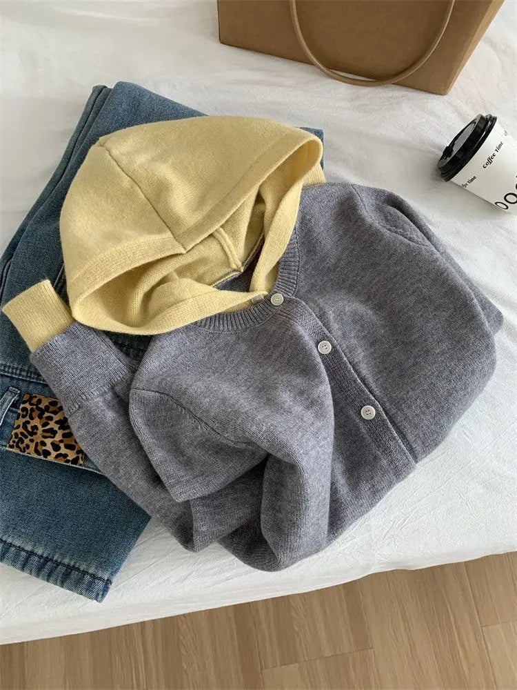 Cardigan tricotat cu glugă, stil coreean, Pateekate - Mărime M, Material poliester/vâscoză/spandex, Croială lejeră