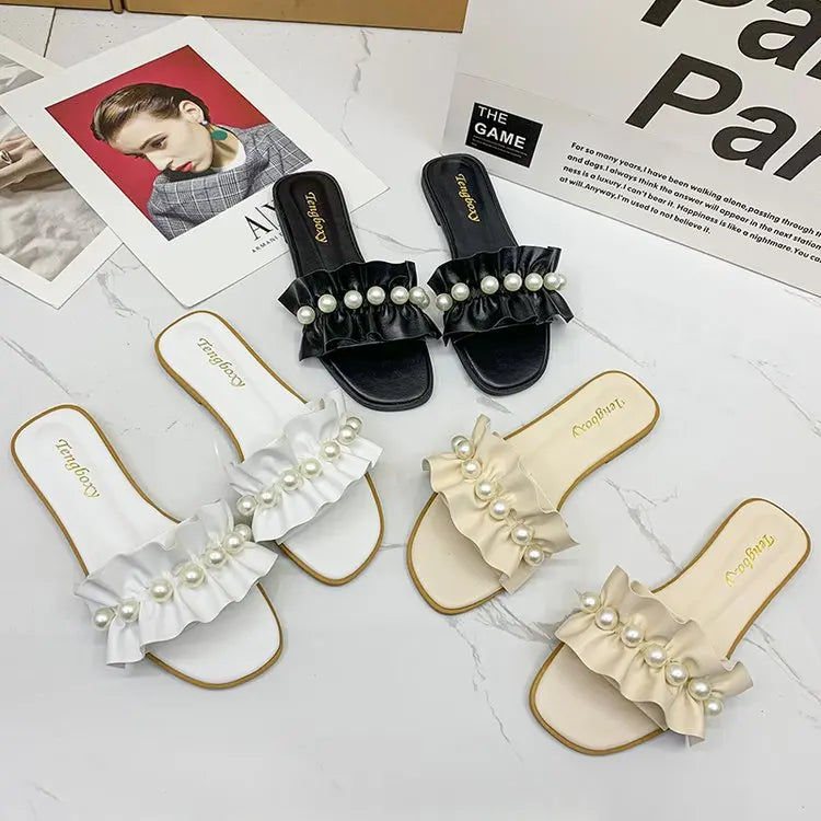 Women Slides Faux Pearl Decor Ruffle Trim Sandals Open Toe Wear-resistant Flat Slippers Summer Sandy Beach Sandals Women Shoes